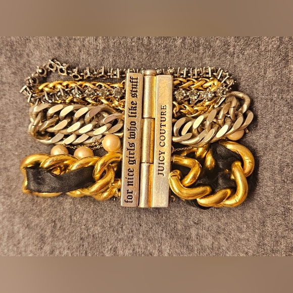 Juicy Couture Gold Multiple Bangle Bracelet Multi Strand Pearl Pave Black Ribbon - Picture 2 of 13
